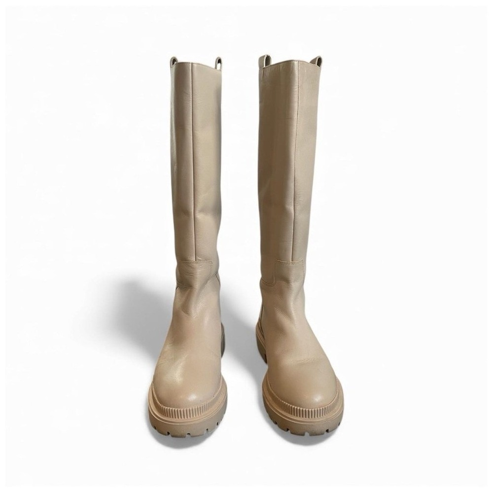 Beige Leather Tall Lug Sole Platform Boots Pull On Chunky Mid Calf Size 8 by H&M